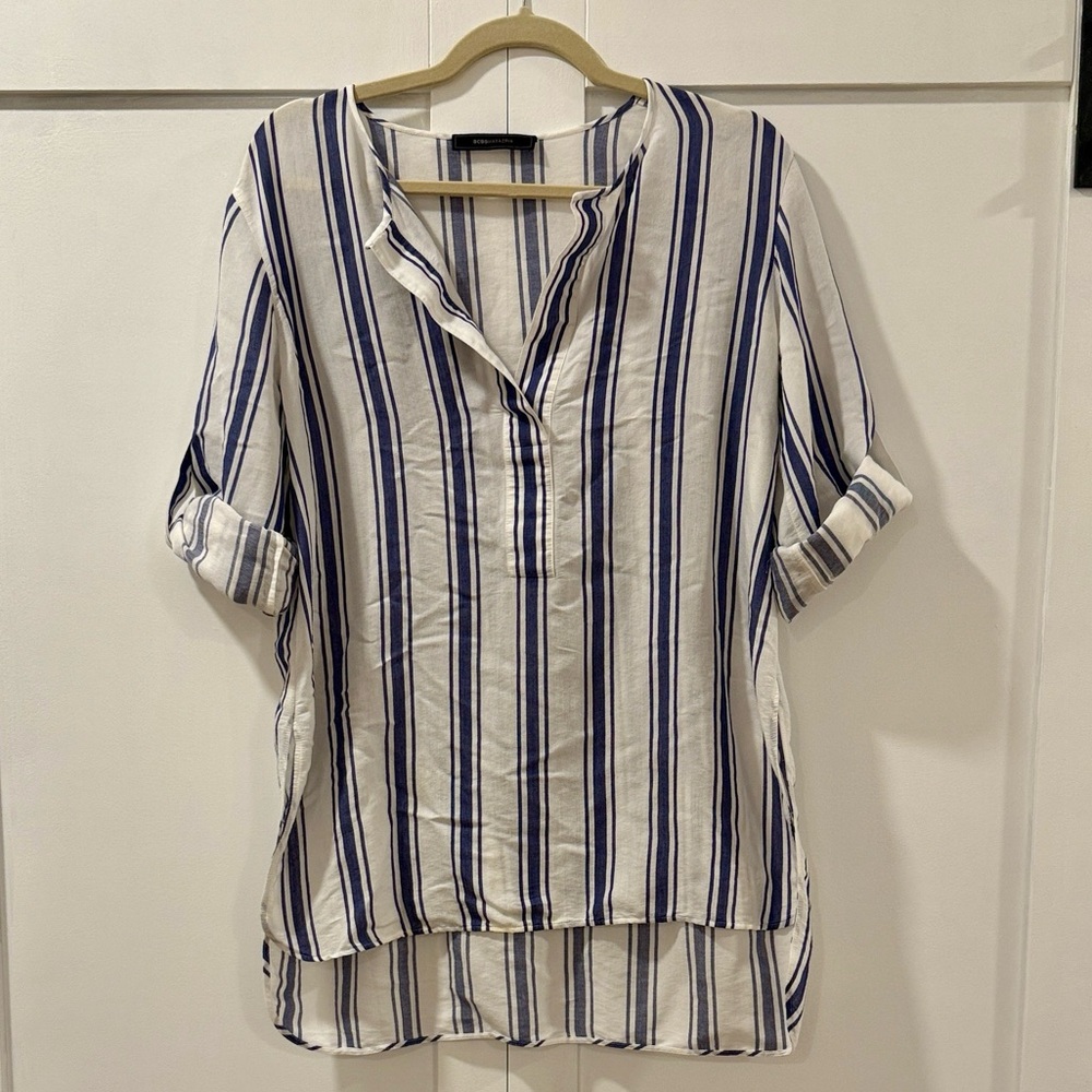 BCBGMaxAzria Beige and Blue Striped Top